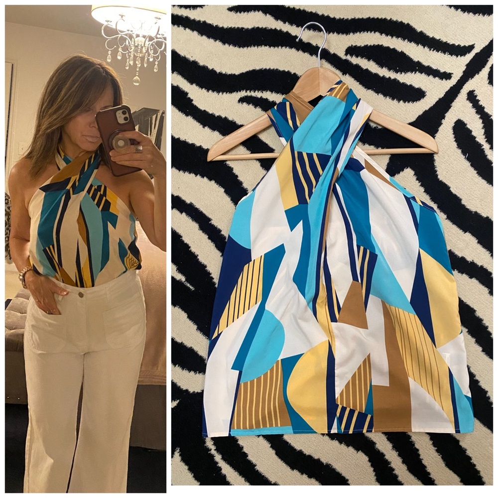 Geometric Halter Cami in Blue, White, Tan & Gold SMALL